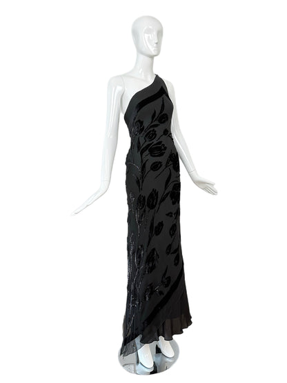 PAMELA DENNIS Vintage Black Silk Asymmetrical Evening Gown