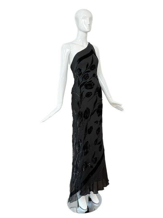 PAMELA DENNIS Vintage Black Silk Asymmetrical Evening Gown