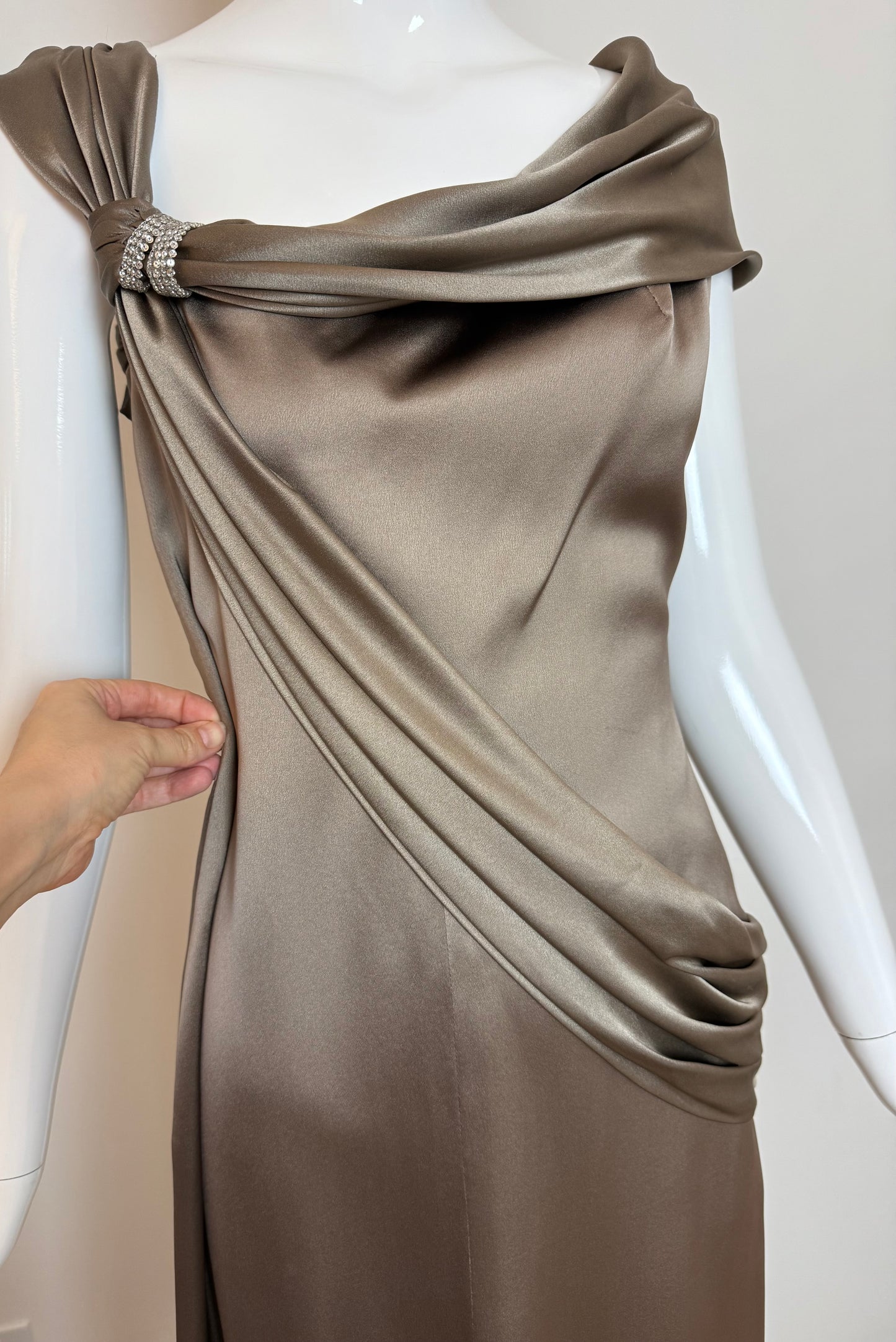 VALENTINO Vintage Silk Crystal Embellished Pewter Evening Gown