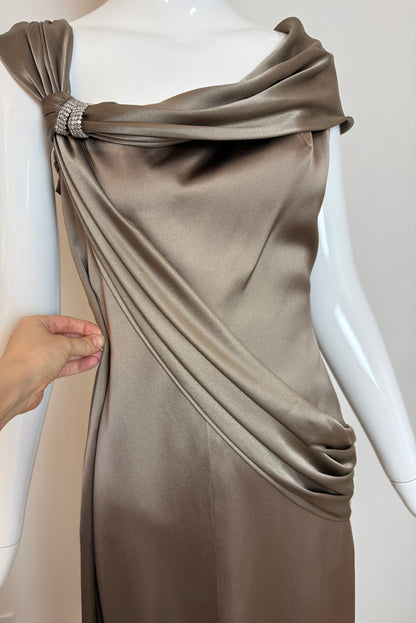 VALENTINO Vintage Silk Crystal Embellished Pewter Evening Gown