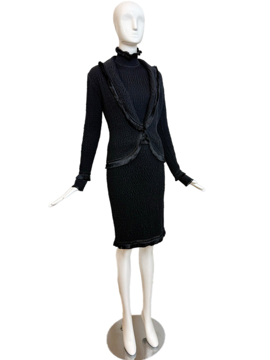 JOHN GALLIANO 1999 Vintage Black Fringe 2 Piece Dress Jacket Set