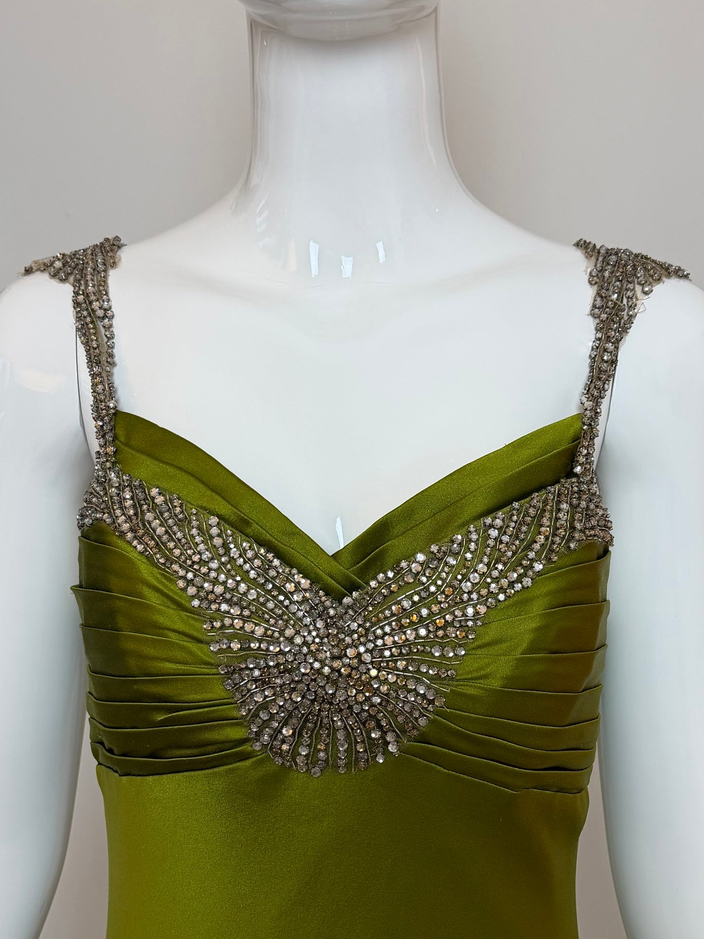 MONIQUE LHUILLIER 2005 Vintage Runway Green Silk Gown w. Crystals
