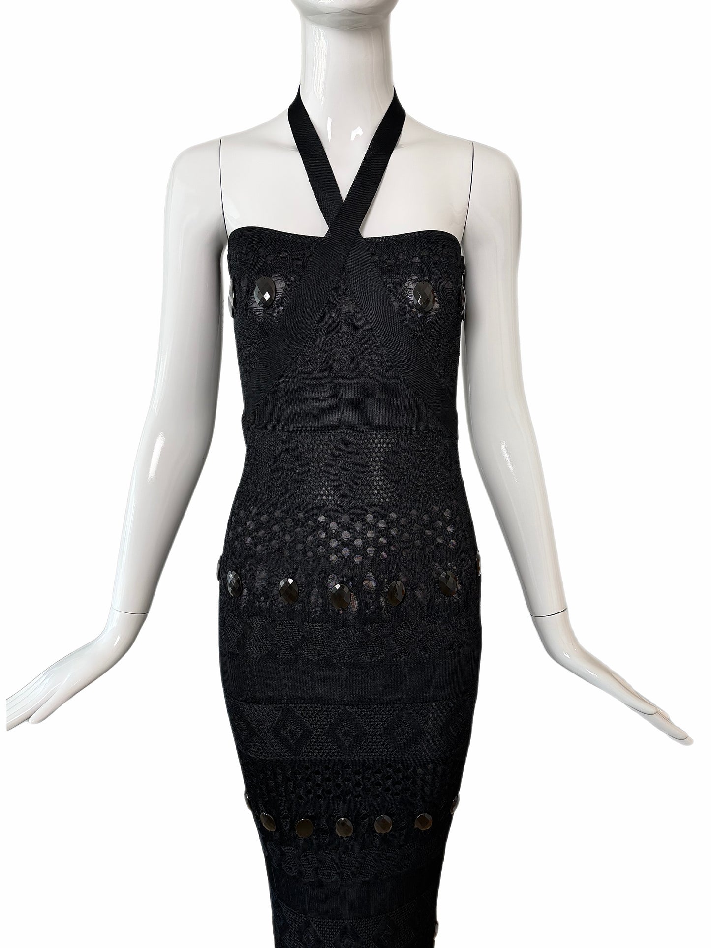 HERVE LEGER 90's Vintage Black Crystal Halter Wiggle Maxi Dress