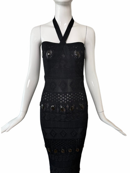 HERVE LEGER 90's Vintage Black Crystal Halter Wiggle Maxi Dress