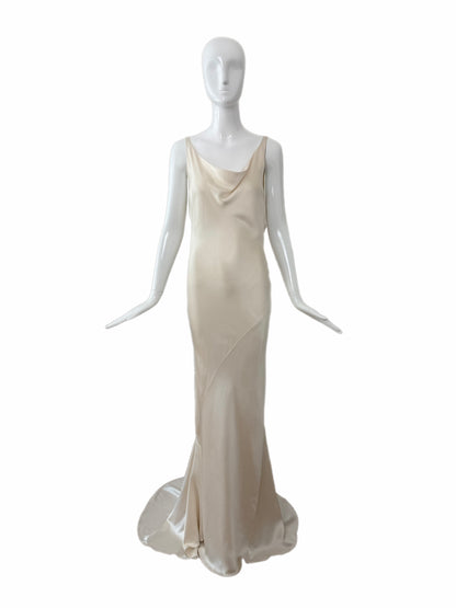 LES HABITUDES Vintage Ivory Silk Wedding Dress w. Open Cowl Lace Back