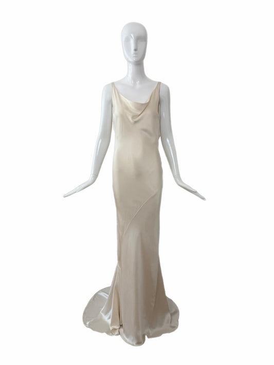 LES HABITUDES Vintage Ivory Silk Wedding Dress w. Open Cowl Lace Back