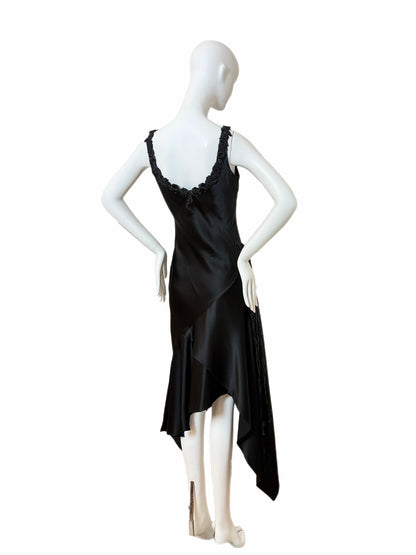 VINTAGE 90's Black Silk Floral Embroidered Handkerchief Asymmetrical Dress