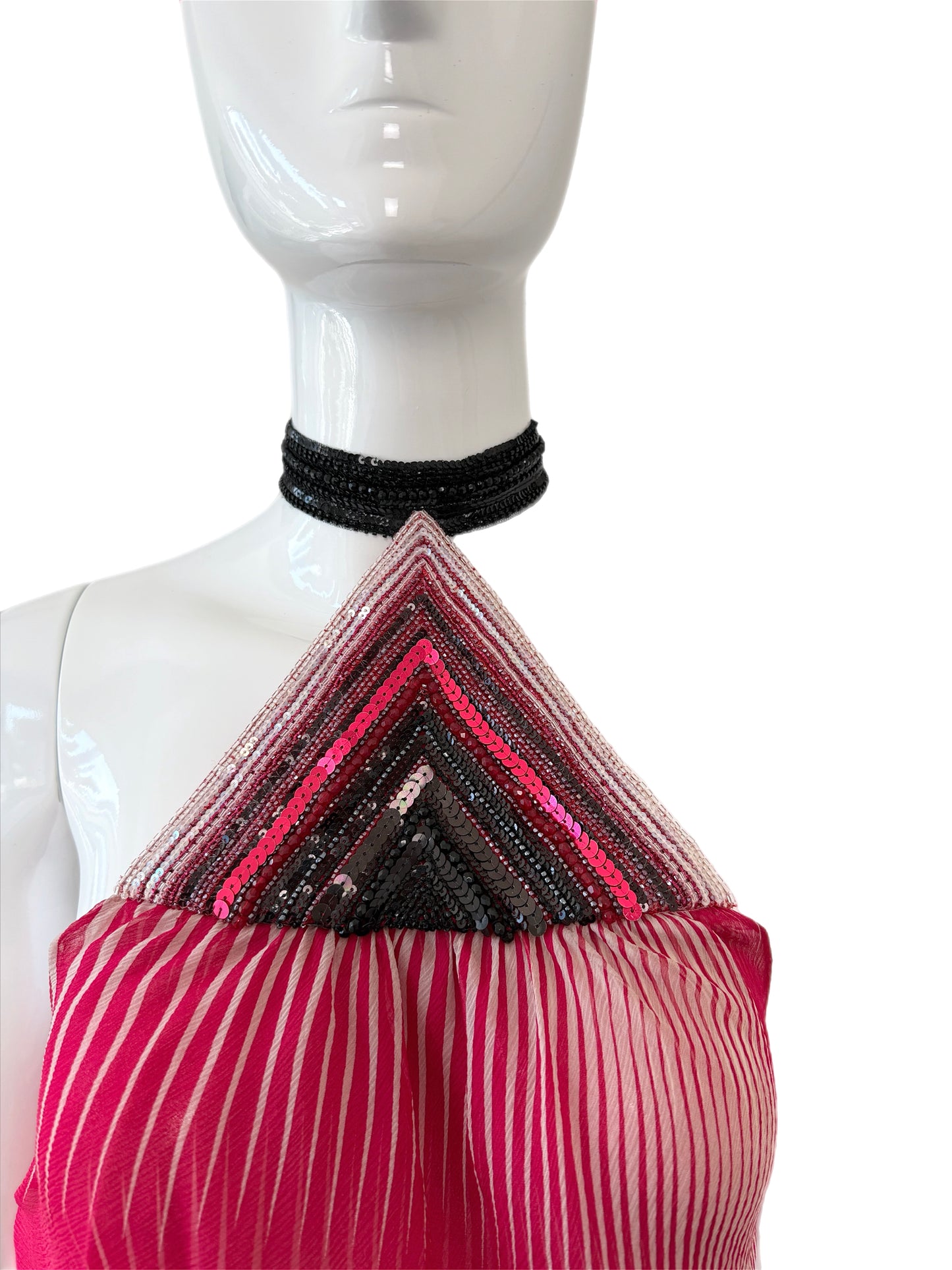 MISSONI 2003 Vintage Runway Silk Embellished Halter Neck Mini Dress