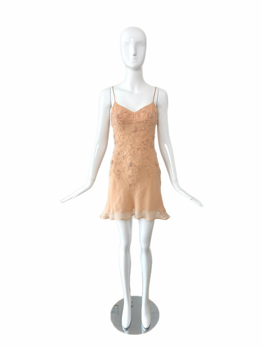 ALBERTA FERRETTI 90's Vintage Beaded Peach Silk Slip Mini Dress