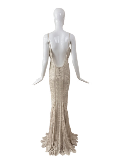 LES HABITUDES 90's Vintage Couture Ivory Iridescent Silk Hand-Beaded Evening Gown