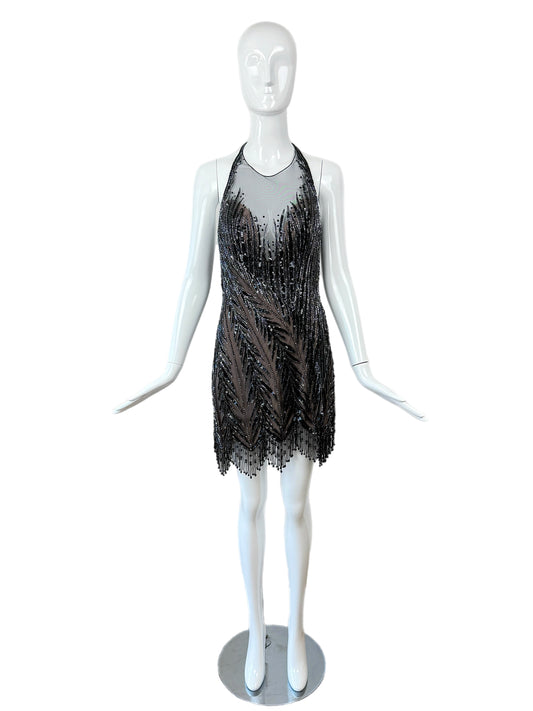 BOB MACKIE Vintage Anthracite Heavy Beaded Backless Mini Dress