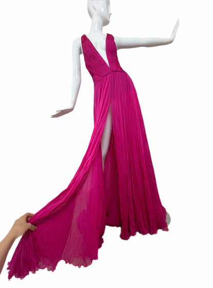 ROBERTO CAVALLI Hot Pink Fuschia Silk Plisse Pleated Plunge Neckline Evening Gown