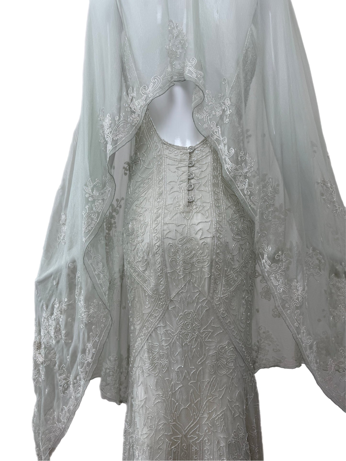 LES HABITUDES 90's Couture Vintage Grey/Blue Beaded Bridal Dress w. Shawl