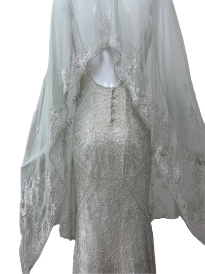 LES HABITUDES 90's Couture Vintage Grey/Blue Beaded Bridal Dress w. Shawl