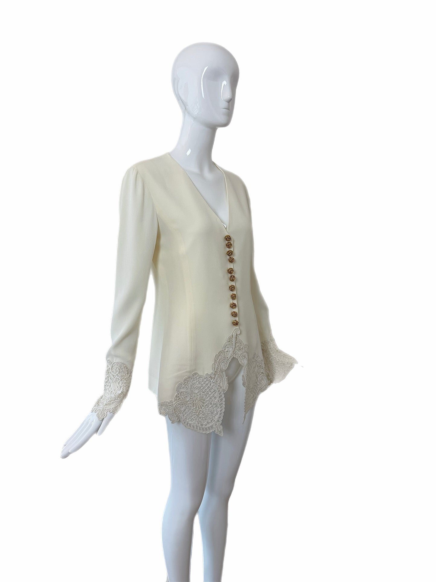 DIOR 1995 Vintage Runway Ivory Blouse/Jacket w. Gold Buttons and Embroidery