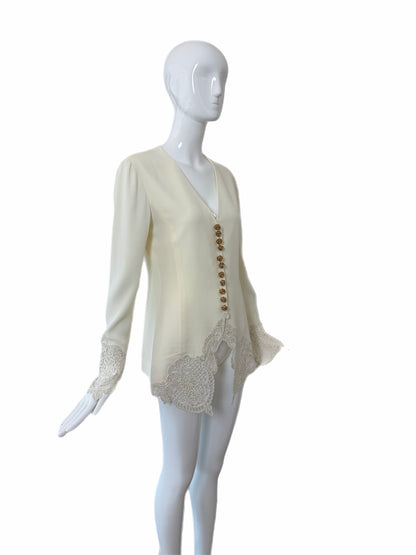 DIOR 1995 Vintage Runway Ivory Blouse/Jacket w. Gold Buttons and Embroidery