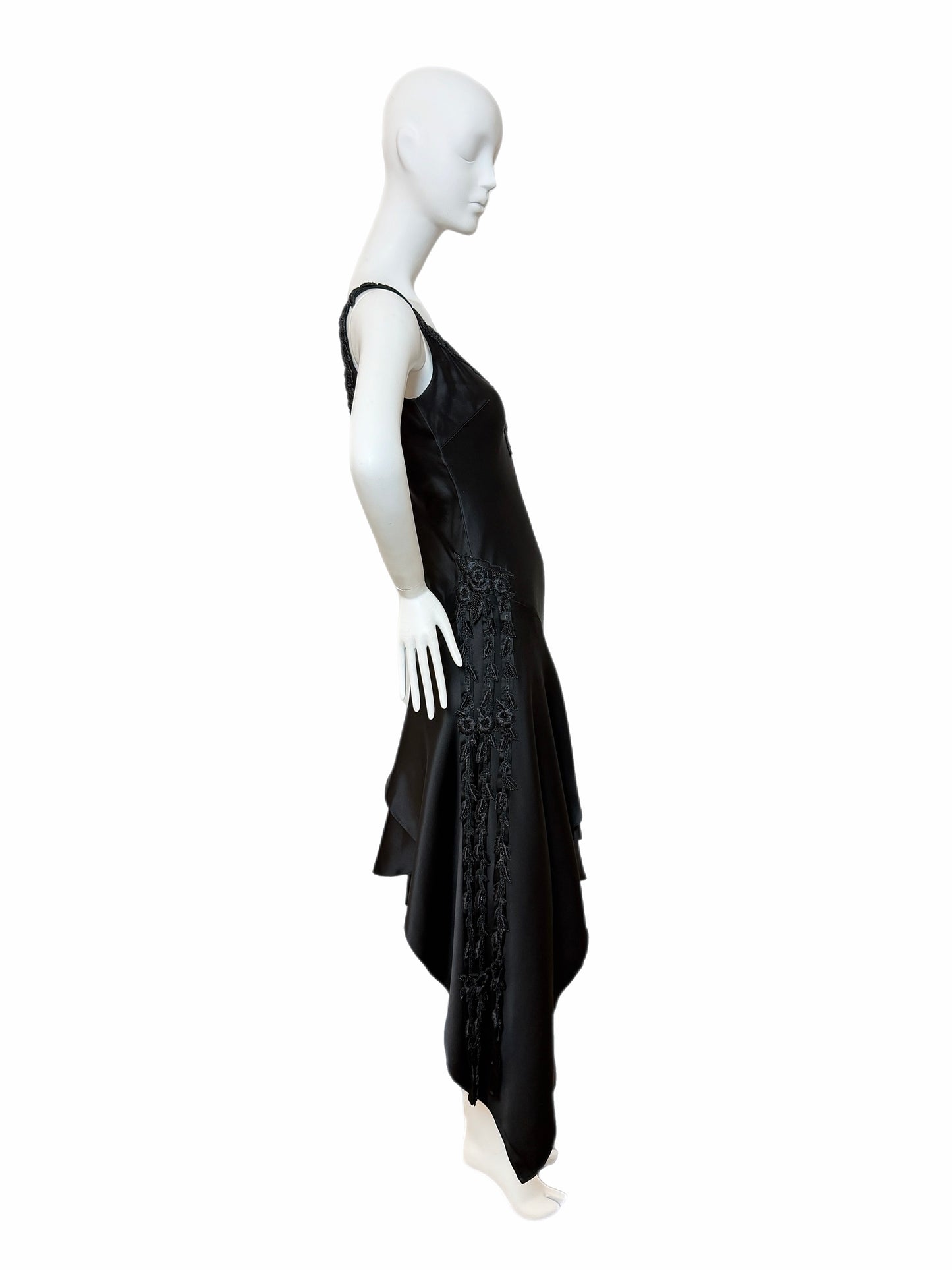 VINTAGE 90's Black Silk Floral Embroidered Handkerchief Asymmetrical Dress