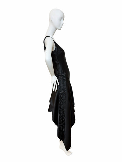 VINTAGE 90's Black Silk Floral Embroidered Handkerchief Asymmetrical Dress