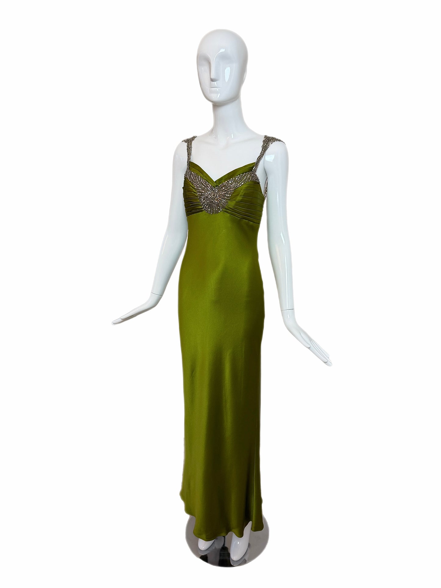 MONIQUE LHUILLIER 2005 Vintage Runway Green Silk Gown w. Crystals