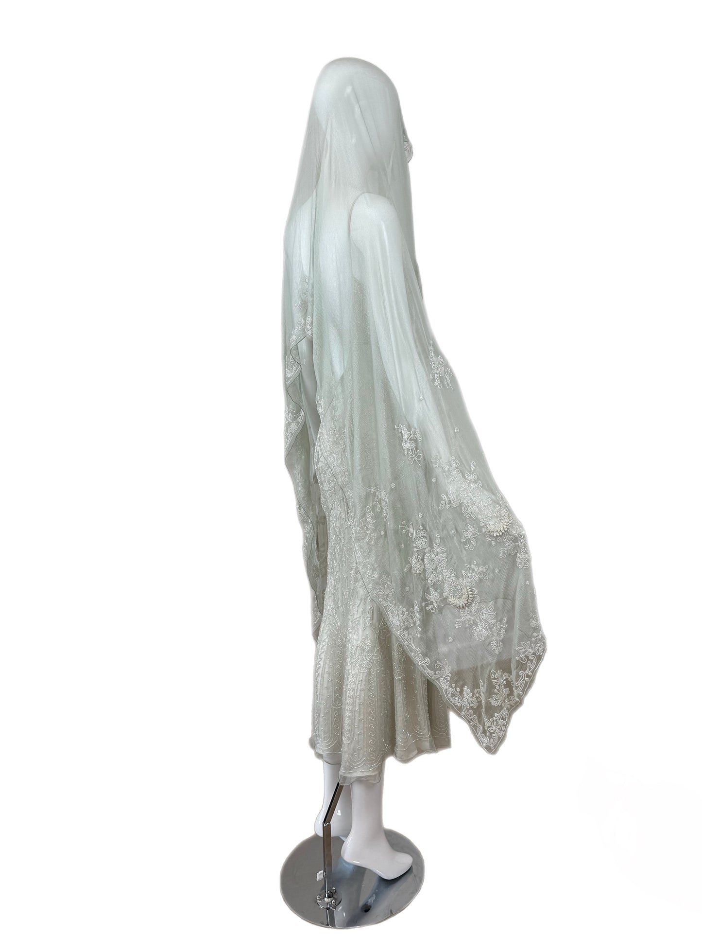 LES HABITUDES 90's Couture Vintage Grey/Blue Beaded Bridal Dress w. Shawl