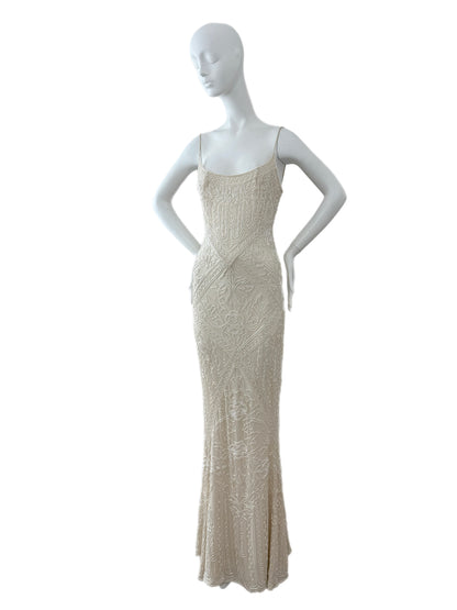 LES HABITUDES 90's Vintage Couture Hand Beaded Bridal Gown w. Gloves + Shawl
