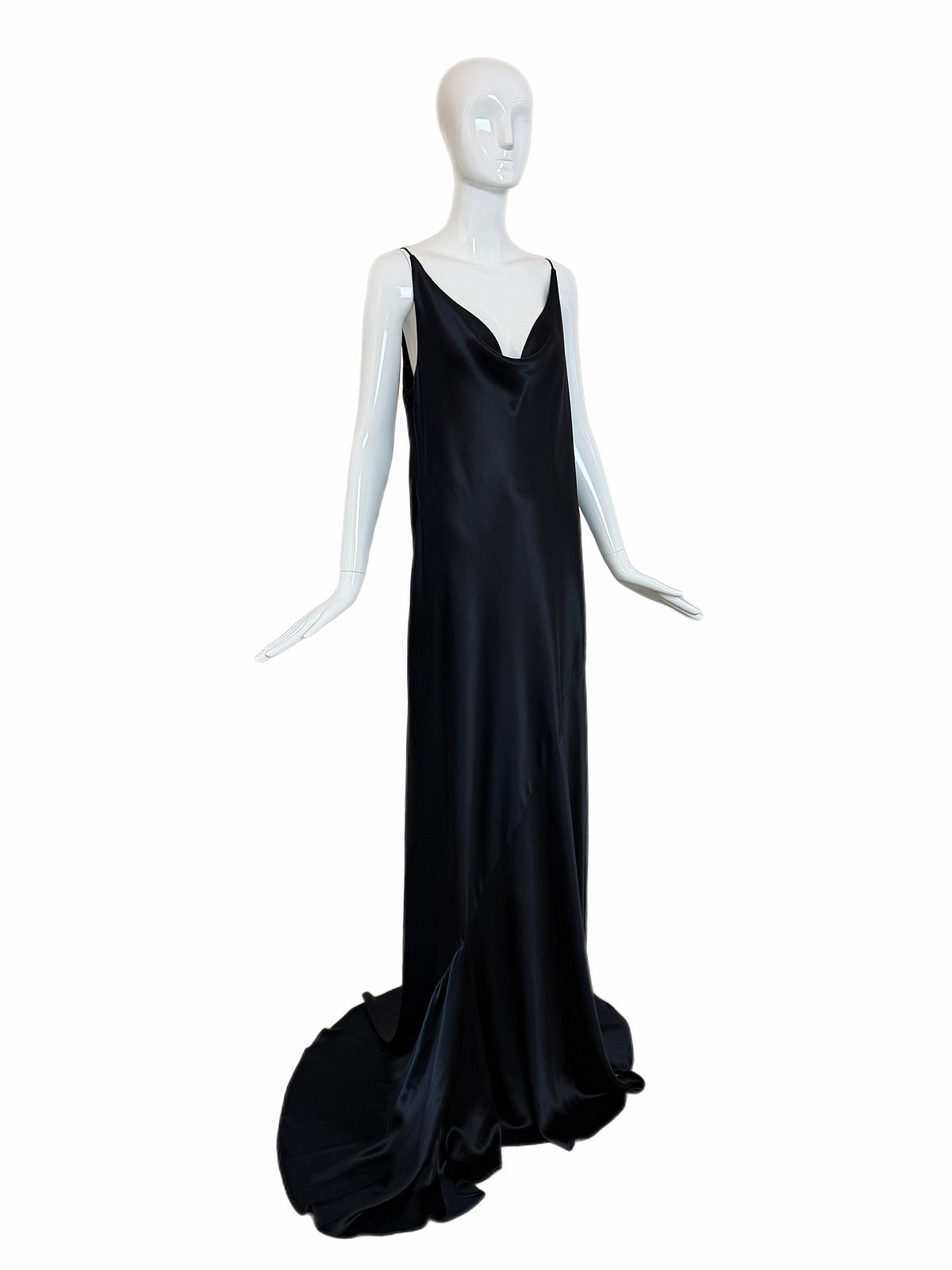 Les Habitudes 90's Vintage Black Liquid Satin Cowl Neck Evening Gown w. Train