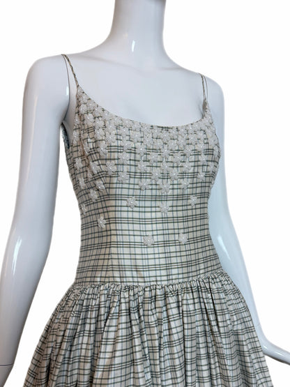 BADGLEY MISCHKA 90's Vintage Ivory Checked Silk Beaded Ball Gown