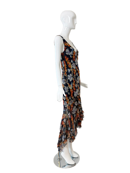 JOHN GALLIANO 2004 Vintage Silk Navy Floral Ruffle Maxi Dress