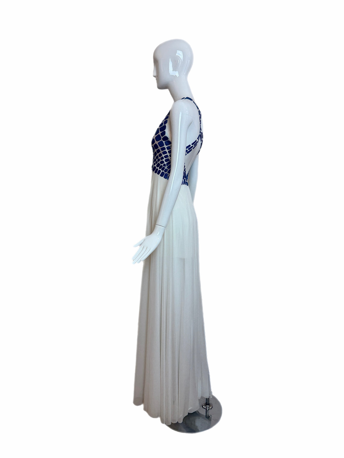 EMA SAVAHL COUTURE Custom Hand Painted Blue + Ivory Grecian Gown