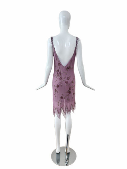 SUE WONG 2003 Vintage Runway Plum Purple Silk Beaded Slip Dress
