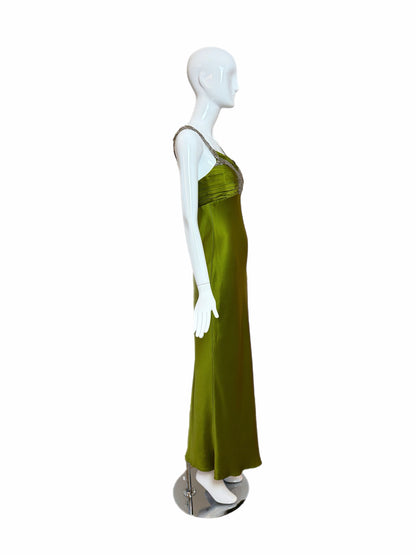 MONIQUE LHUILLIER 2005 Vintage Runway Green Silk Gown w. Crystals