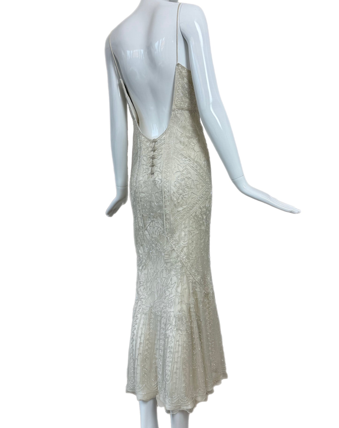 LES HABITUDES 90's Vintage Couture Ivory White Silk Beaded Dress w. Shawl