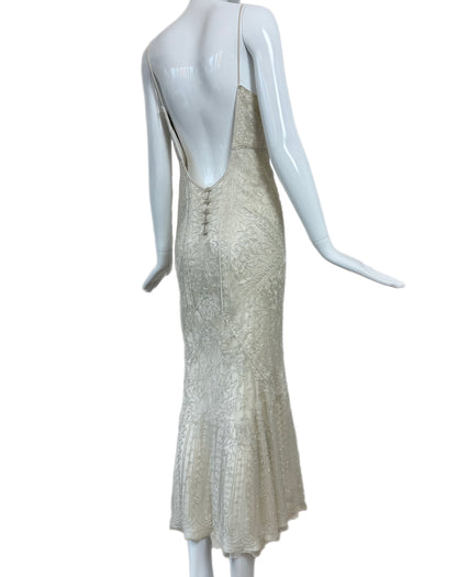 LES HABITUDES 90's Vintage Couture Ivory White Silk Beaded Dress w. Shawl