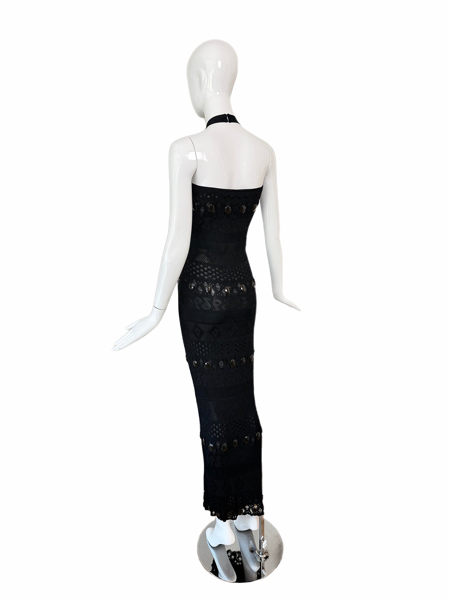 HERVE LEGER 90's Vintage Black Crystal Halter Wiggle Maxi Dress
