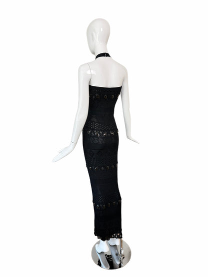 HERVE LEGER 90's Vintage Black Crystal Halter Wiggle Maxi Dress