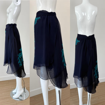 DONNA KARAN 2000 Vintage Blue Silk Runway Print Skirt