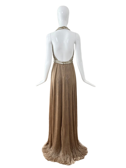 ROBERTO CAVALLI 2000's Vintage Taupe Plissé Grecian Embellished Evening Gown