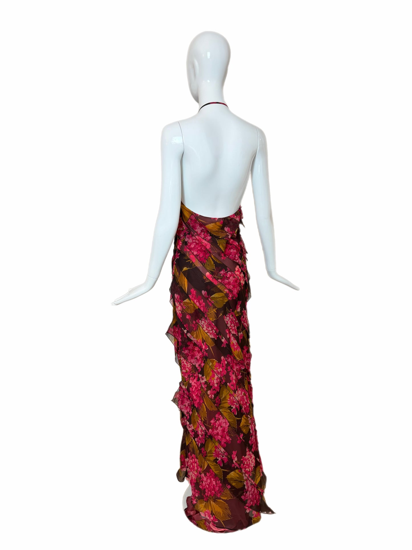 VERA WANG 2000 Vintage Silk Floral Ruffle Halter Evening Gown
