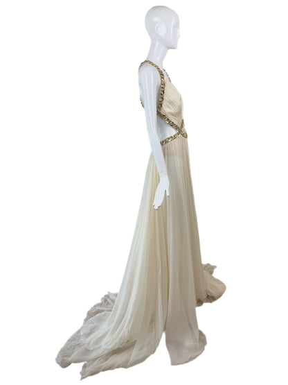 ROBERTO CAVALLI 2009 Vintage Ivory Chain Embellished Silk Gown