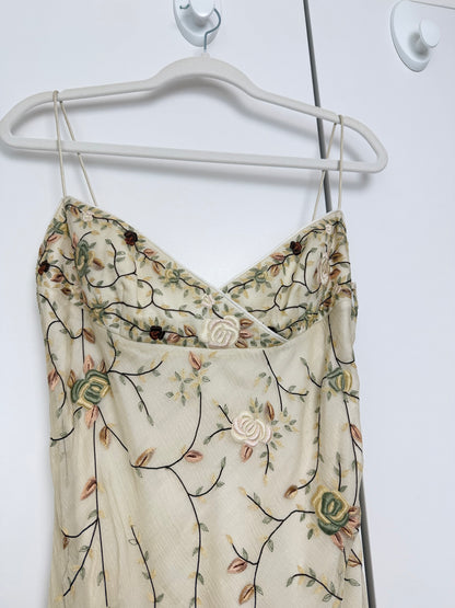 EAVIS & BROWN 90's Vintage Iridescent Beige Silk Embroidered Floral Gown