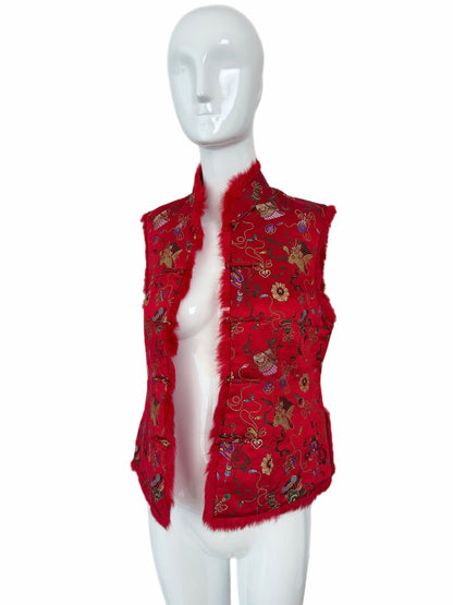 ADRIENNE LANDAU Vintage Red Chinoiserie Fur Trimmed Lightweight Vest