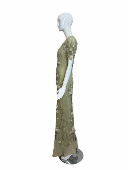 SUE WONG 2004 Vintage Runway Sage Silk Elaborate Evening Gown