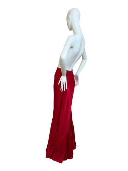 ROBERT DANES Red Liquid Silk Layered Bias Cut Maxi Skirt