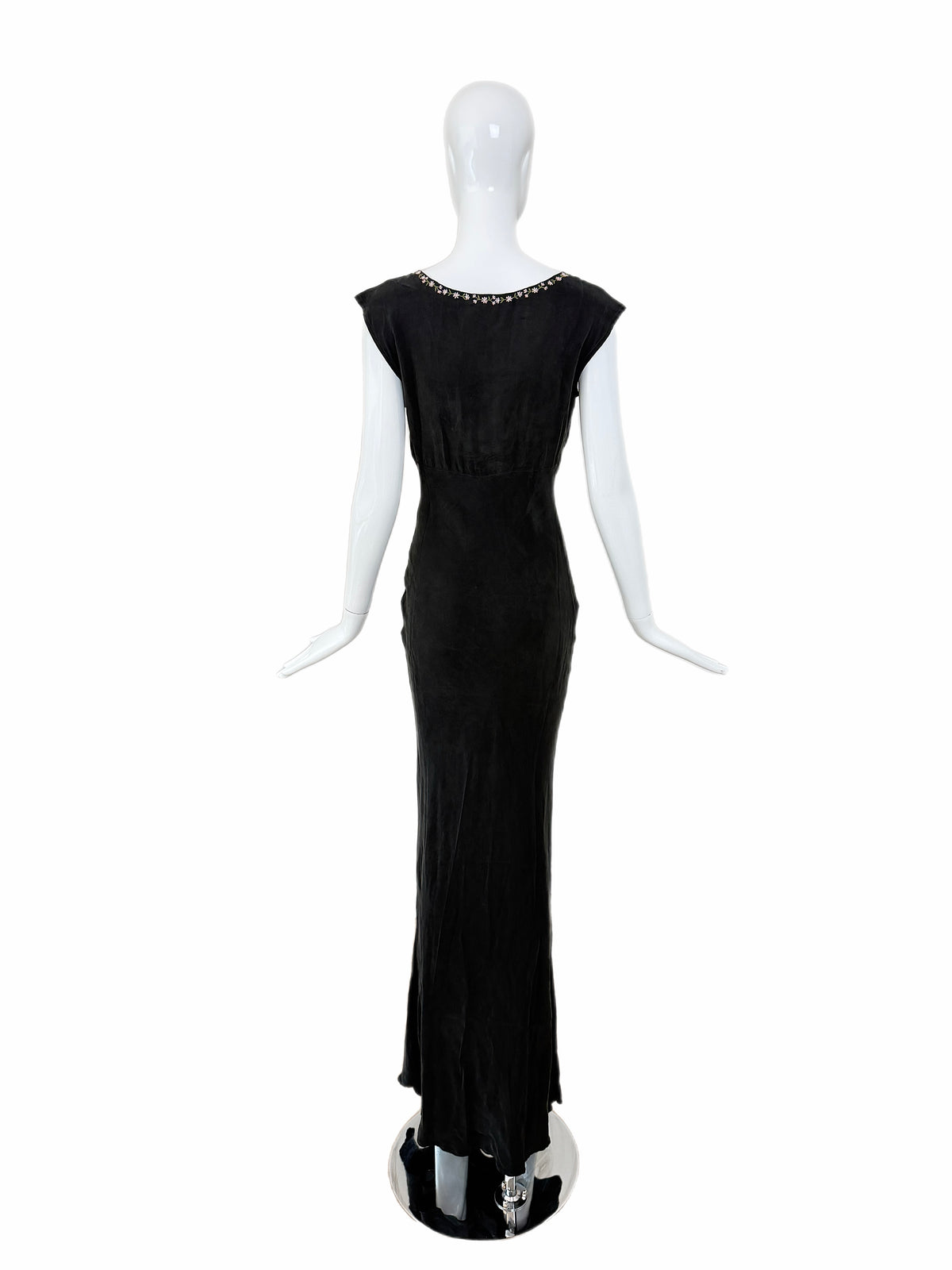 LES HABITUDES 90's Vintage Jet Black Floral Neckline Slip Gown