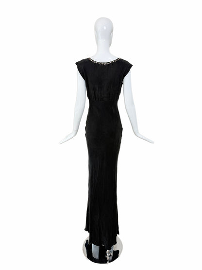 LES HABITUDES 90's Vintage Jet Black Floral Neckline Slip Gown