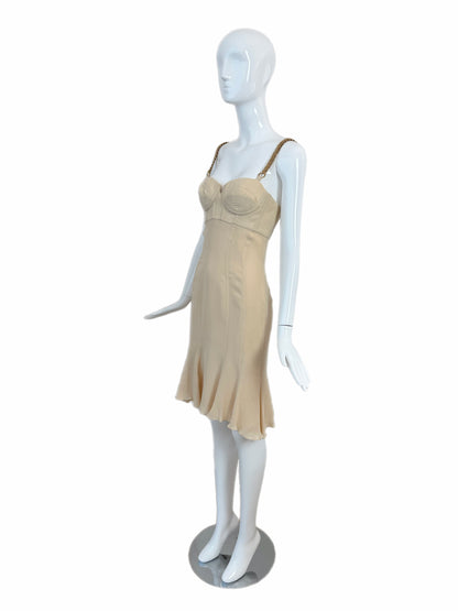 Versace 2007 Vintage Silk Beige Bustier Dress w. Gold Chain Hardware