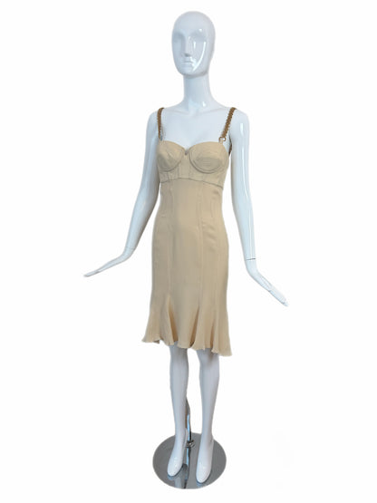 Versace 2007 Vintage Silk Beige Bustier Dress w. Gold Chain Hardware
