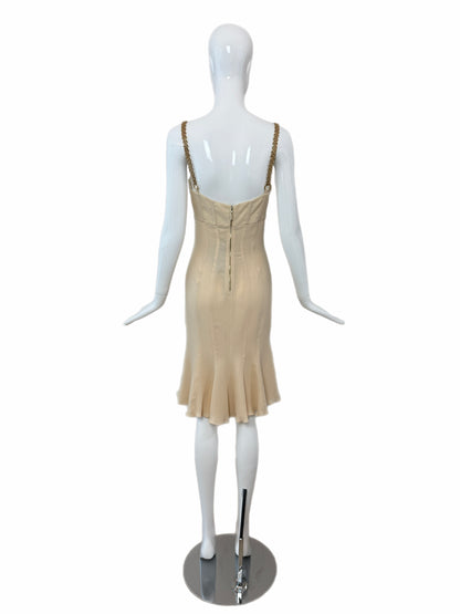 Versace 2007 Vintage Silk Beige Bustier Dress w. Gold Chain Hardware