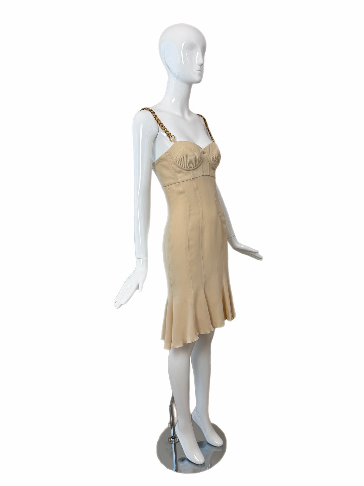 Versace 2007 Vintage Silk Beige Bustier Dress w. Gold Chain Hardware