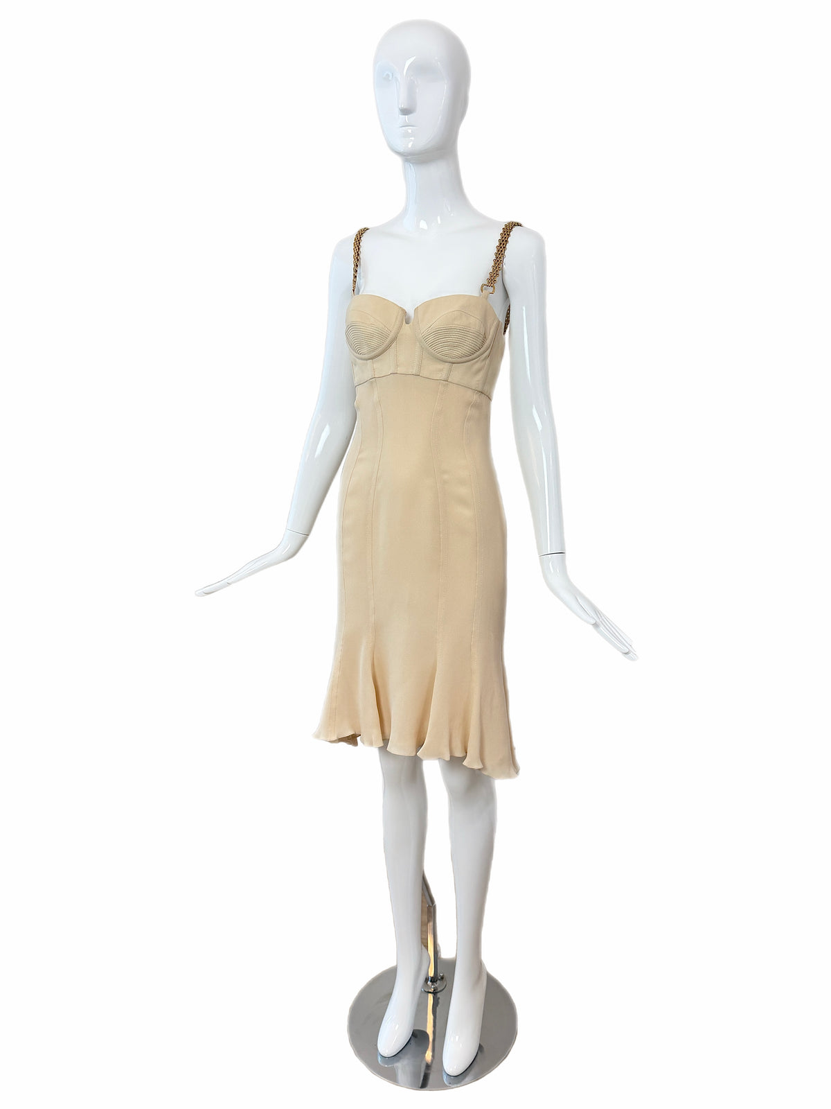 Versace 2007 Vintage Silk Beige Bustier Dress w. Gold Chain Hardware
